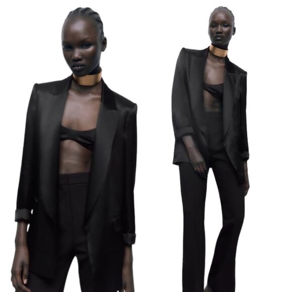 New Zara Black Satin Long Line Blazer With Turn-up Cuffs Size Large - Picture 2 of 16